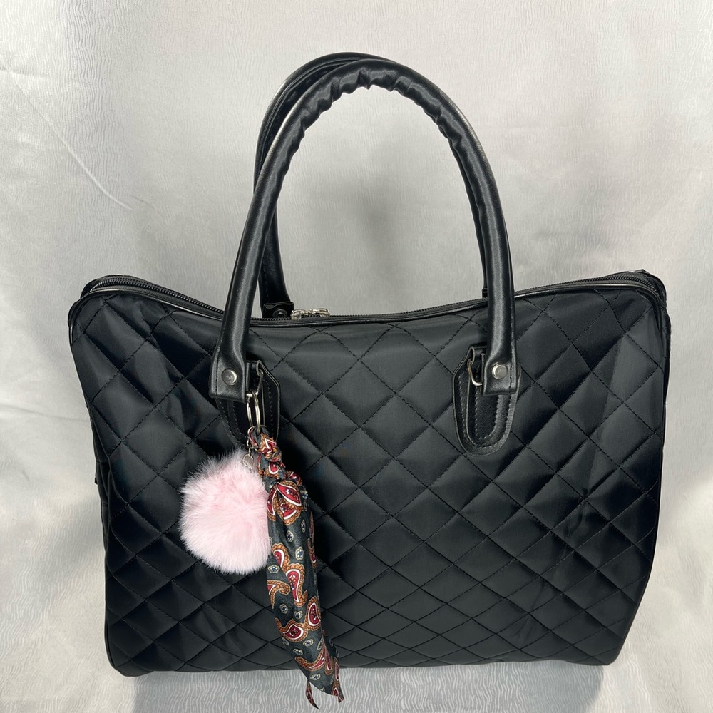 NWT Chic Black Quilted Travel Bag with Pink Accent